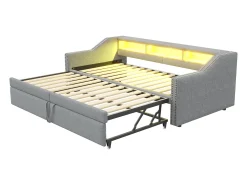 Sofá-cama extensível 90/180 x 200 cm, com luz LED e porta USB, estrado de ripas, cinza claro.
