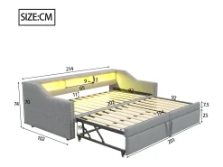 Sofá-cama extensível 90/180 x 200 cm, com luz LED e porta USB, estrado de ripas, cinza claro.
