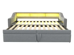 Sofá-cama extensível 90/180 x 200 cm, com luz LED e porta USB, estrado de ripas, cinza claro.