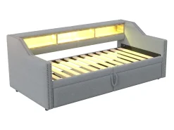 Sofá-cama extensível 90/180 x 200 cm, com luz LED e porta USB, estrado de ripas, cinza claro.