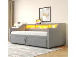 Sofá-cama extensível 90/180 x 200 cm, com luz LED e porta USB, estrado de ripas, cinza claro.