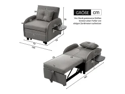 Sofá-cama individual multifuncional com função de cama, poltrona e cadeirão, sofá-cama ajustável em três direções, mesas de chá dobráveis