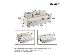 Sofá-cama moderno de 3 lugares com função de cama - 200 x 87 x 84,5 cm - Encosto reclinável a 180° - Tecido - bege