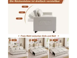 Sofá-cama moderno de 3 lugares com função de cama - 200 x 87 x 84,5 cm - Encosto reclinável a 180° - Tecido - bege
