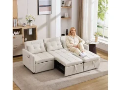 Sofá-cama moderno de 3 lugares com função de cama - 200 x 87 x 84,5 cm - Encosto reclinável a 180° - Tecido - bege