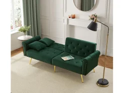 Sofá-cama moderno de 2 lugares – 173 x 75 x 70 cm – encosto ajustável em 3 níveis + pernas de metal dourado – veludo – verde