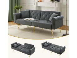 Sofá-cama moderno de 2 lugares – 173 x 75 x 70 cm – encosto ajustável em 3 níveis + pernas de metal dourado – veludo – cinza