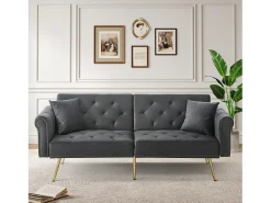 Sofá-cama moderno de 2 lugares – 173 x 75 x 70 cm – encosto ajustável em 3 níveis + pernas de metal dourado – veludo – cinza