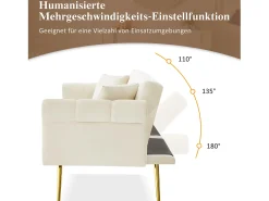 Sofá-cama moderno de 2 lugares – 173 x 75 x 70 cm – encosto ajustável em 3 níveis + pernas de metal dourado – veludo – bege