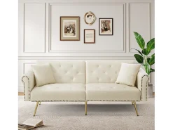 Sofá-cama moderno de 2 lugares – 173 x 75 x 70 cm – encosto ajustável em 3 níveis + pernas de metal dourado – veludo – bege
