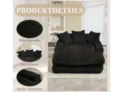 Sofá-cama moderno em veludo cotelê, modelo Cloud Couch, com 3 almofadas, sofá de chão individual (preto)