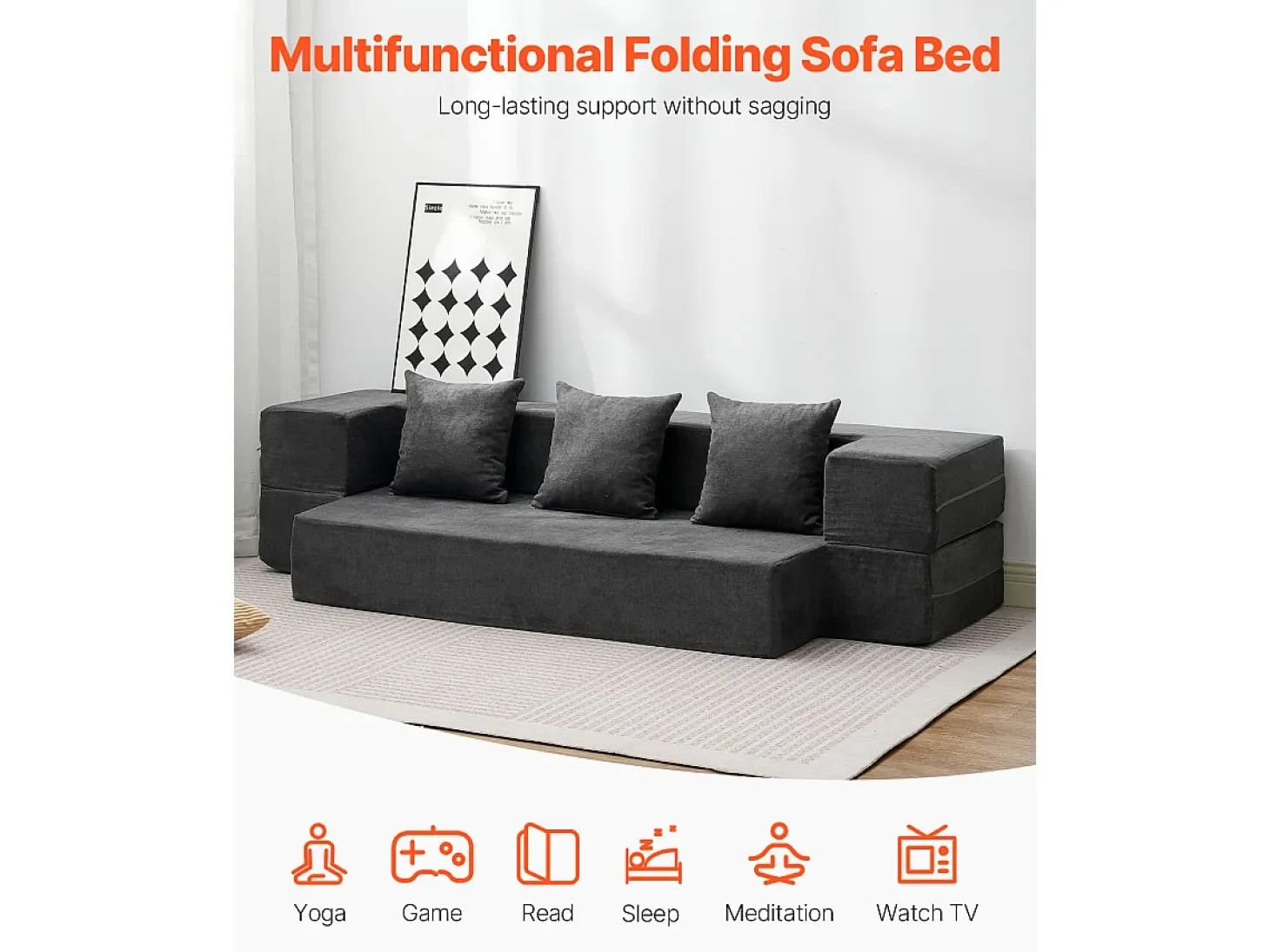 Sofá-cama Moderno, SucceBuy 3 em 1 Sofá-cama Dobrável com 3 Almofadas para Cama de Solteiro Cinza Escuro