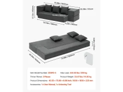 Sofá-cama Moderno, SucceBuy 3 em 1 Sofá-cama Dobrável com 3 Almofadas para Cama de Solteiro Cinza Escuro