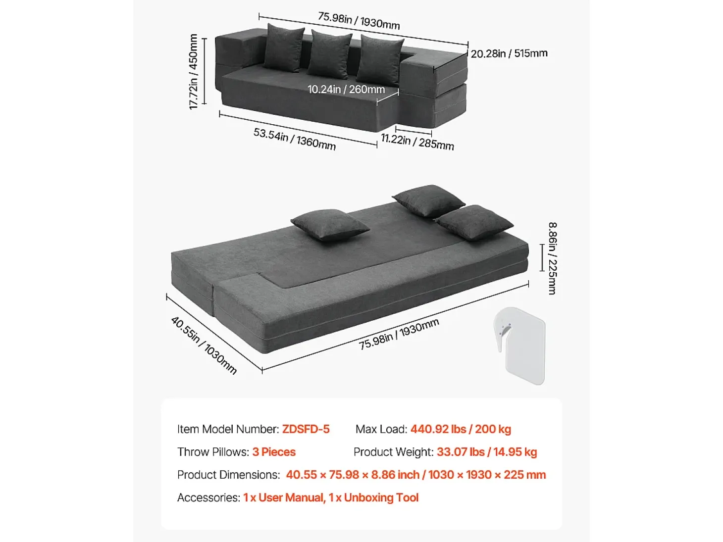 Sofá-cama Moderno, SucceBuy 3 em 1 Sofá-cama Dobrável com 3 Almofadas para Cama de Solteiro Cinza Escuro