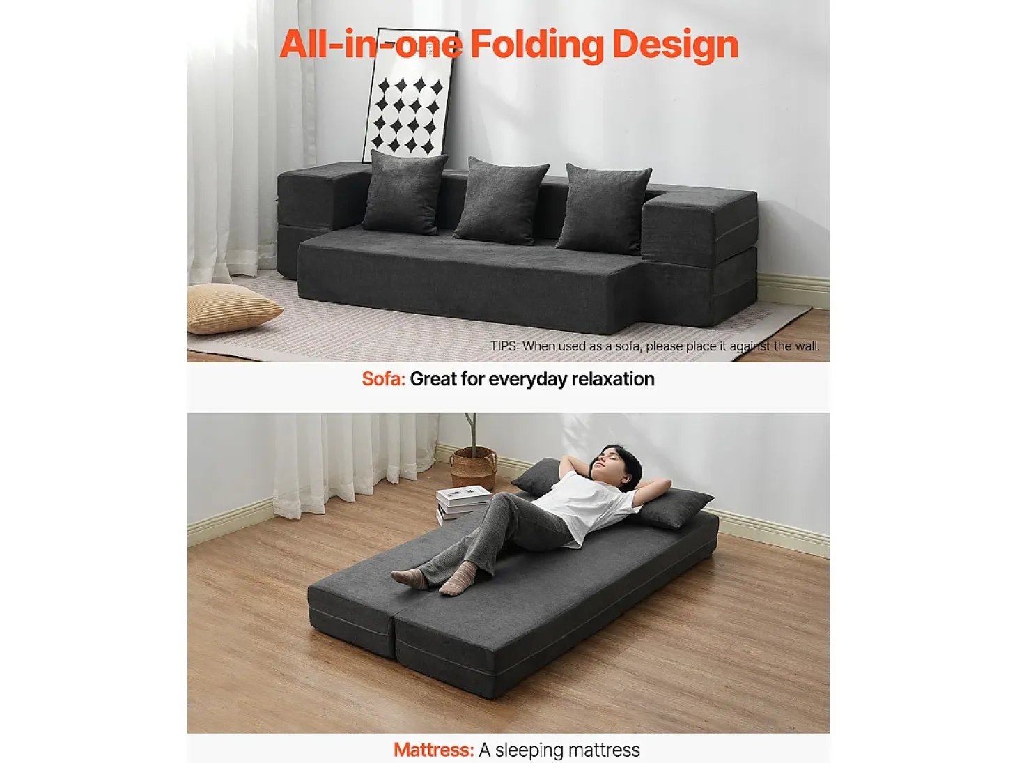 Sofá-cama Moderno, SucceBuy 3 em 1 Sofá-cama Dobrável com 3 Almofadas para Cama de Solteiro Cinza Escuro