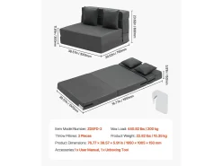 Sofá-cama Moderno, SucceBuy Sofá-cama Dobrável 3 em 1 com 2 Almofadas Twin Cinzento-escuro