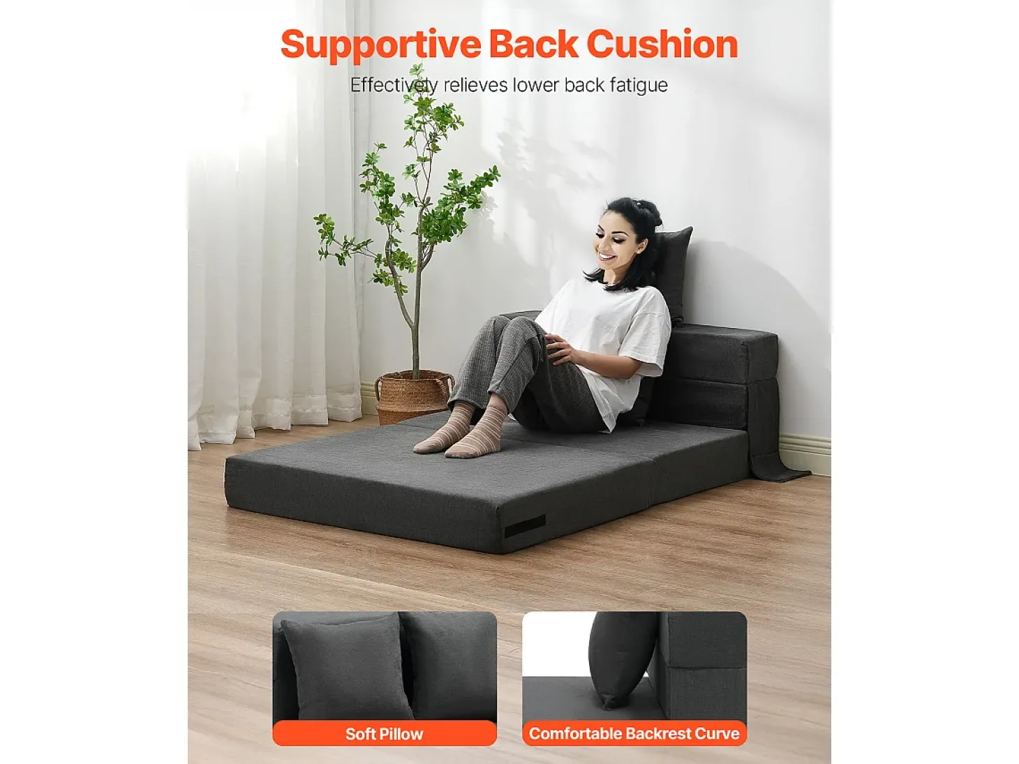 Sofá-cama Moderno, SucceBuy Sofá-cama Dobrável 3 em 1 com 2 Almofadas Twin Cinzento-escuro