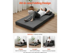 Sofá-cama Moderno, SucceBuy Sofá-cama Dobrável 3 em 1 com 2 Almofadas Twin Cinzento-escuro
