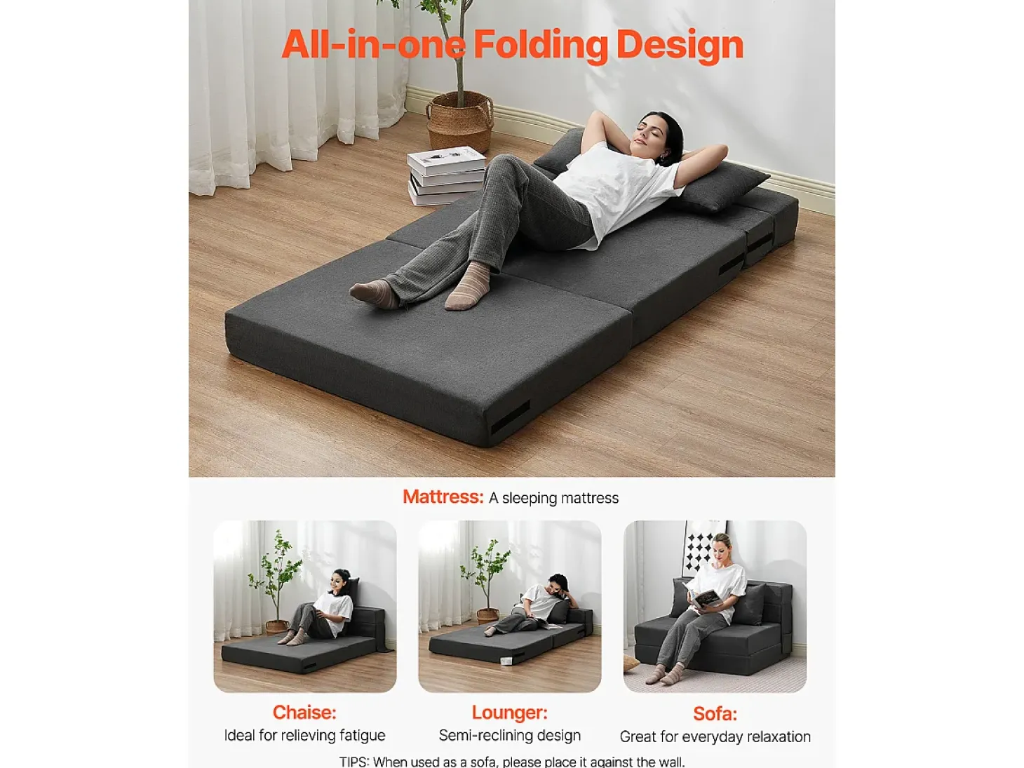 Sofá-cama Moderno, SucceBuy Sofá-cama Dobrável 3 em 1 com 2 Almofadas Twin Cinzento-escuro