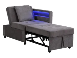 Sofá-cama multifuncional - encosto ajustável - braços com faixas luminosas LED - Porta USB/Type-C - Cinza Escuro