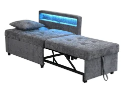 Sofá-cama multifuncional - encosto ajustável - braços com faixas luminosas LED - Porta USB/Type-C - Cinza Claro