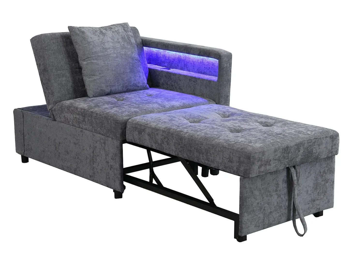 Sofá-cama multifuncional - encosto ajustável - braços com faixas luminosas LED - Porta USB/Type-C - Cinza Claro