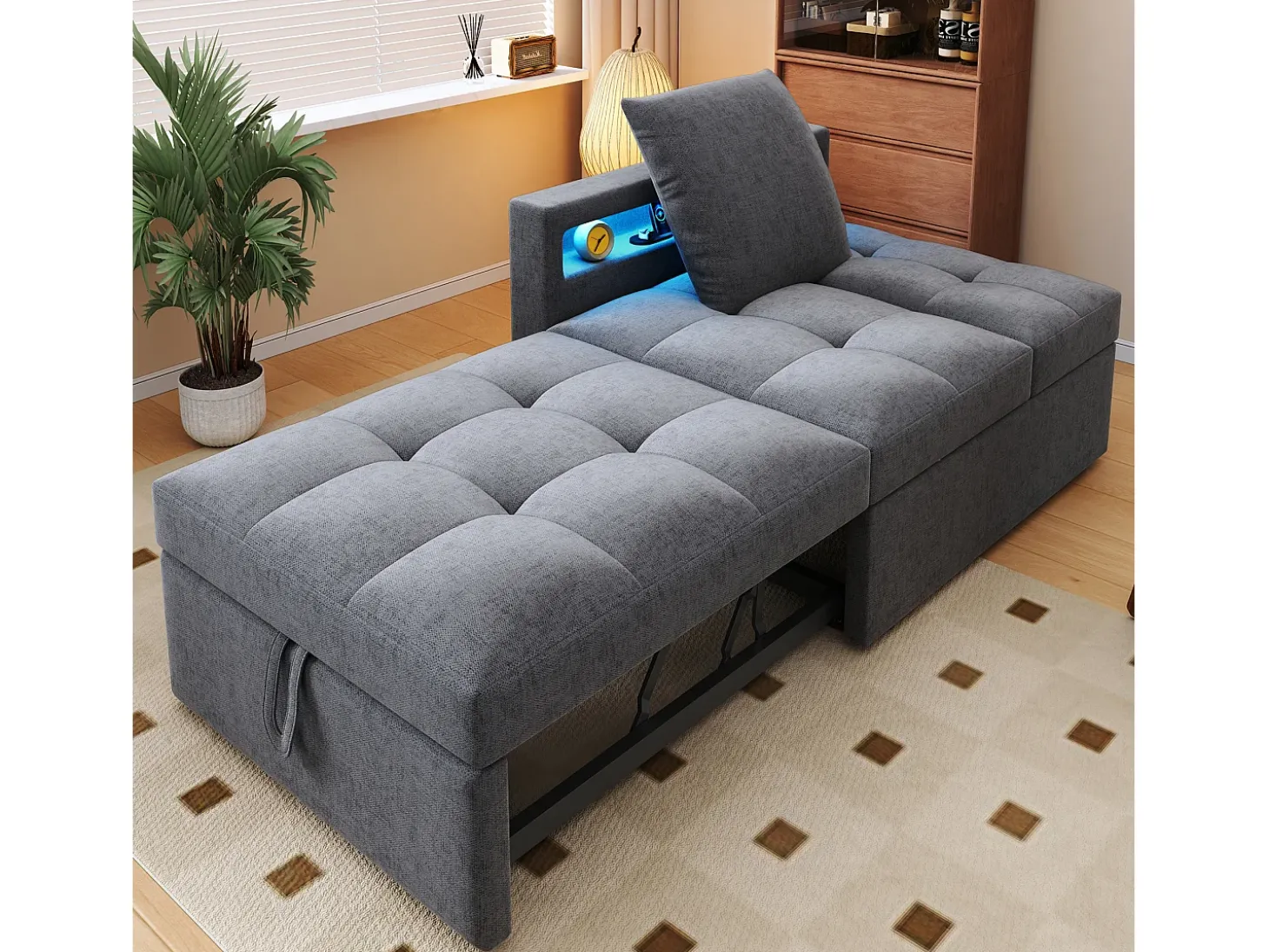 Sofá-cama multifuncional - encosto ajustável - braços com faixas luminosas LED - Porta USB/Type-C - Cinza Claro