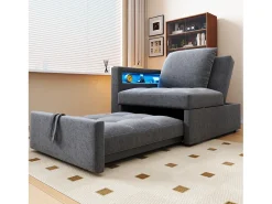 Sofá-cama multifuncional - encosto ajustável - braços com faixas luminosas LED - Porta USB/Type-C - Cinza Claro