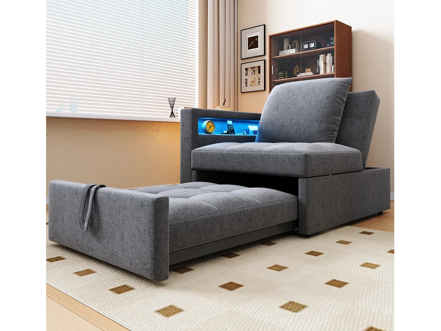 Sofá-cama multifuncional - encosto ajustável - braços com faixas luminosas LED - Porta USB/Type-C - Cinza Claro