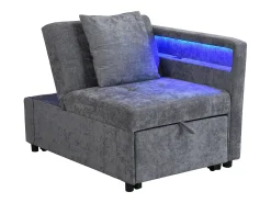 Sofá-cama multifuncional - encosto ajustável - braços com faixas luminosas LED - Porta USB/Type-C - Cinza Claro