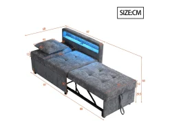 Sofá-cama multifuncional - encosto ajustável - braços com faixas luminosas LED - Porta USB/Type-C - Cinza Claro