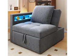 Sofá-cama multifuncional - encosto ajustável - braços com faixas luminosas LED - Porta USB/Type-C - Cinza Claro