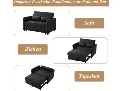 Sofá-cama multifuncional, assento duplo retrátil, encosto ajustável em 3 posições, PU impermeável, preto