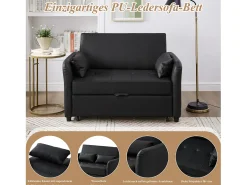 Sofá-cama multifuncional, assento duplo retrátil, encosto ajustável em 3 posições, PU impermeável, preto