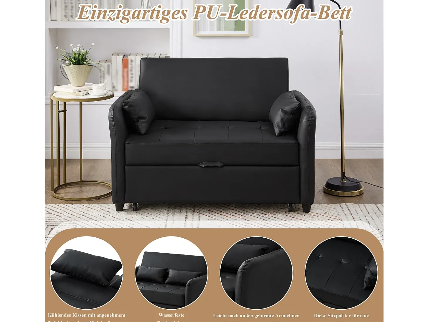 Sofá-cama multifuncional, assento duplo retrátil, encosto ajustável em 3 posições, PU impermeável, preto