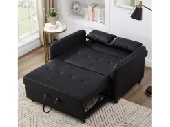 Sofá-cama multifuncional, assento duplo retrátil, encosto ajustável em 3 posições, PU impermeável, preto