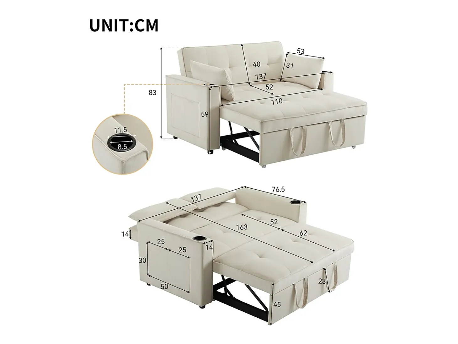 Sofá-cama multifuncional com função de dormir, sofá-cama com suporte para copos e almofadas, Bege