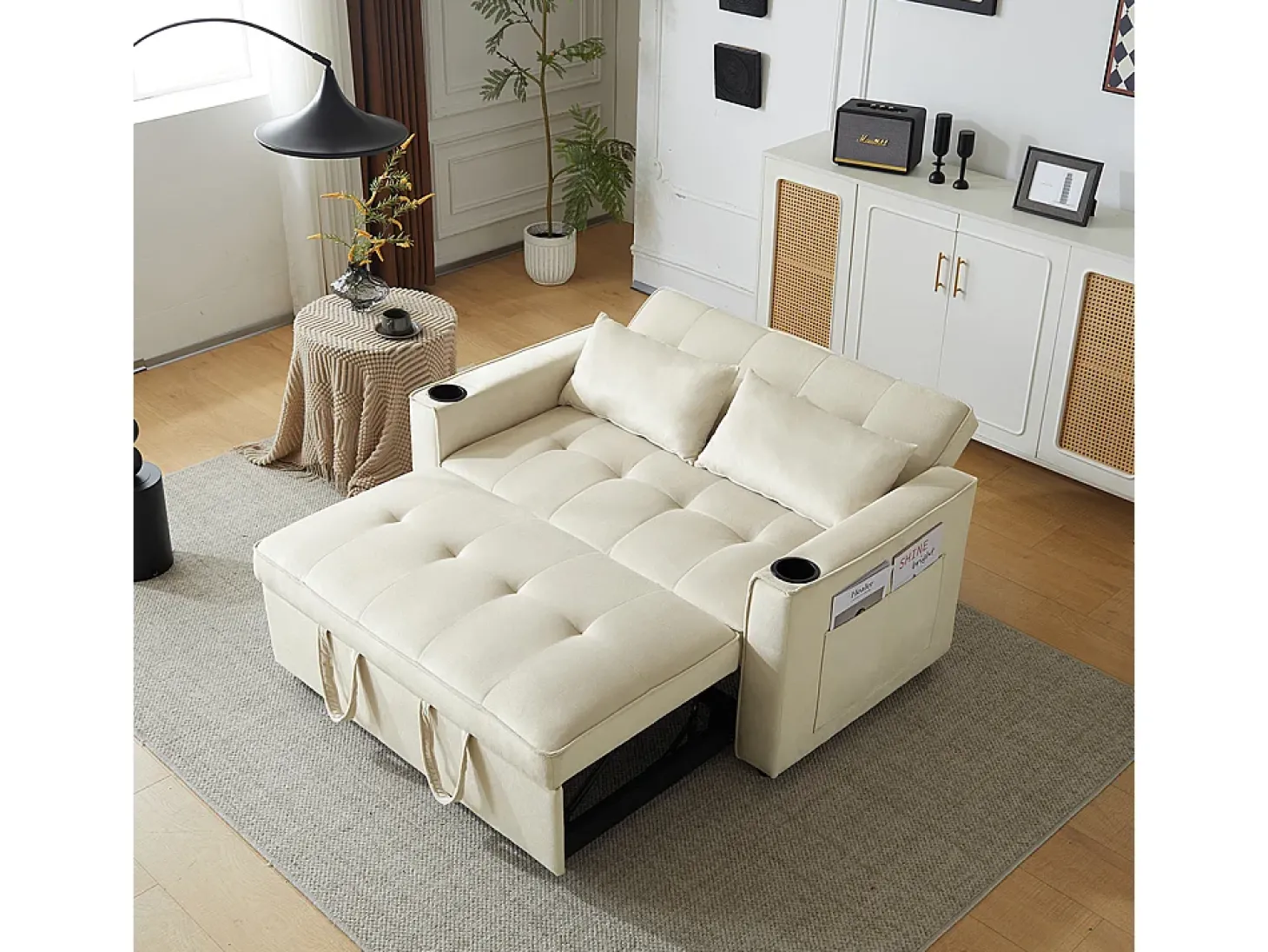 Sofá-cama multifuncional com função de dormir, sofá-cama com suporte para copos e almofadas, Bege