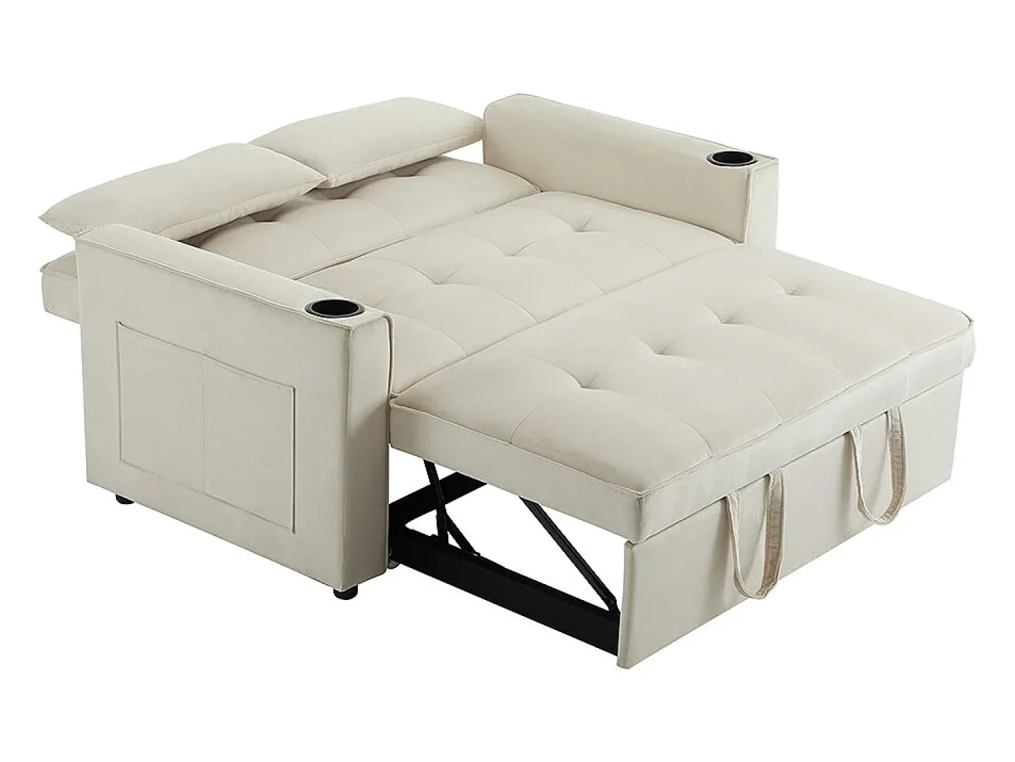 Sofá-cama multifuncional com função de dormir, sofá-cama com suporte para copos e almofadas, Bege