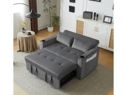 Sofá-cama multifuncional com função de dormir, sofá-cama com suporte para copos e almofadas, cinzento