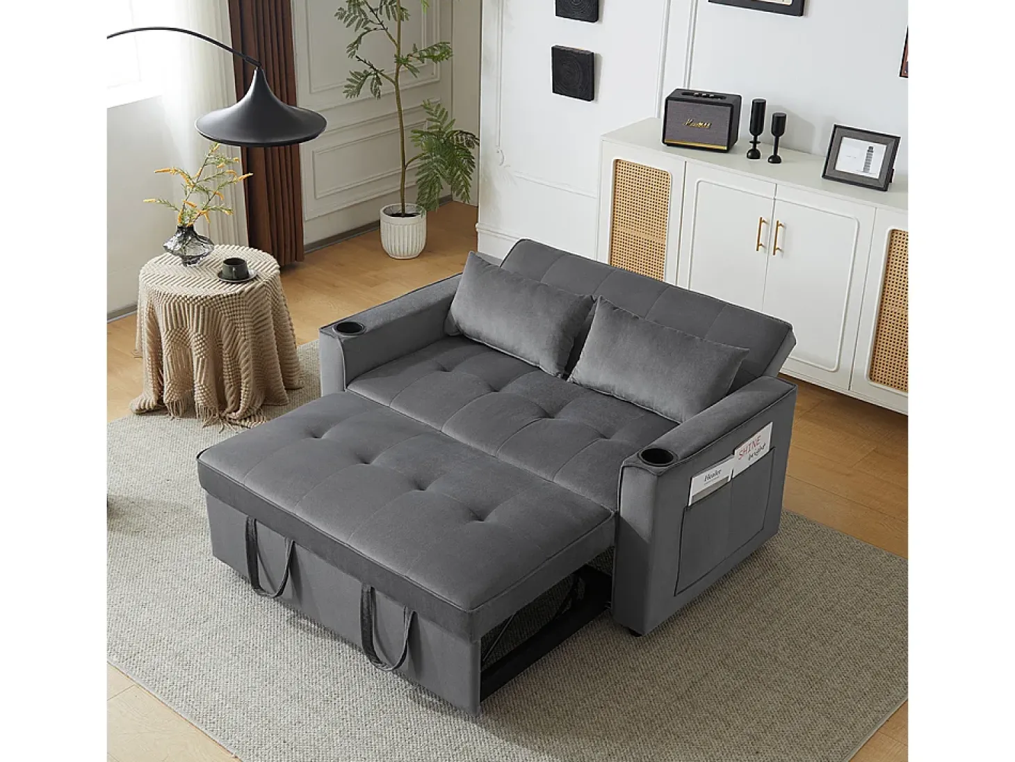 Sofá-cama multifuncional com função de dormir, sofá-cama com suporte para copos e almofadas, cinzento