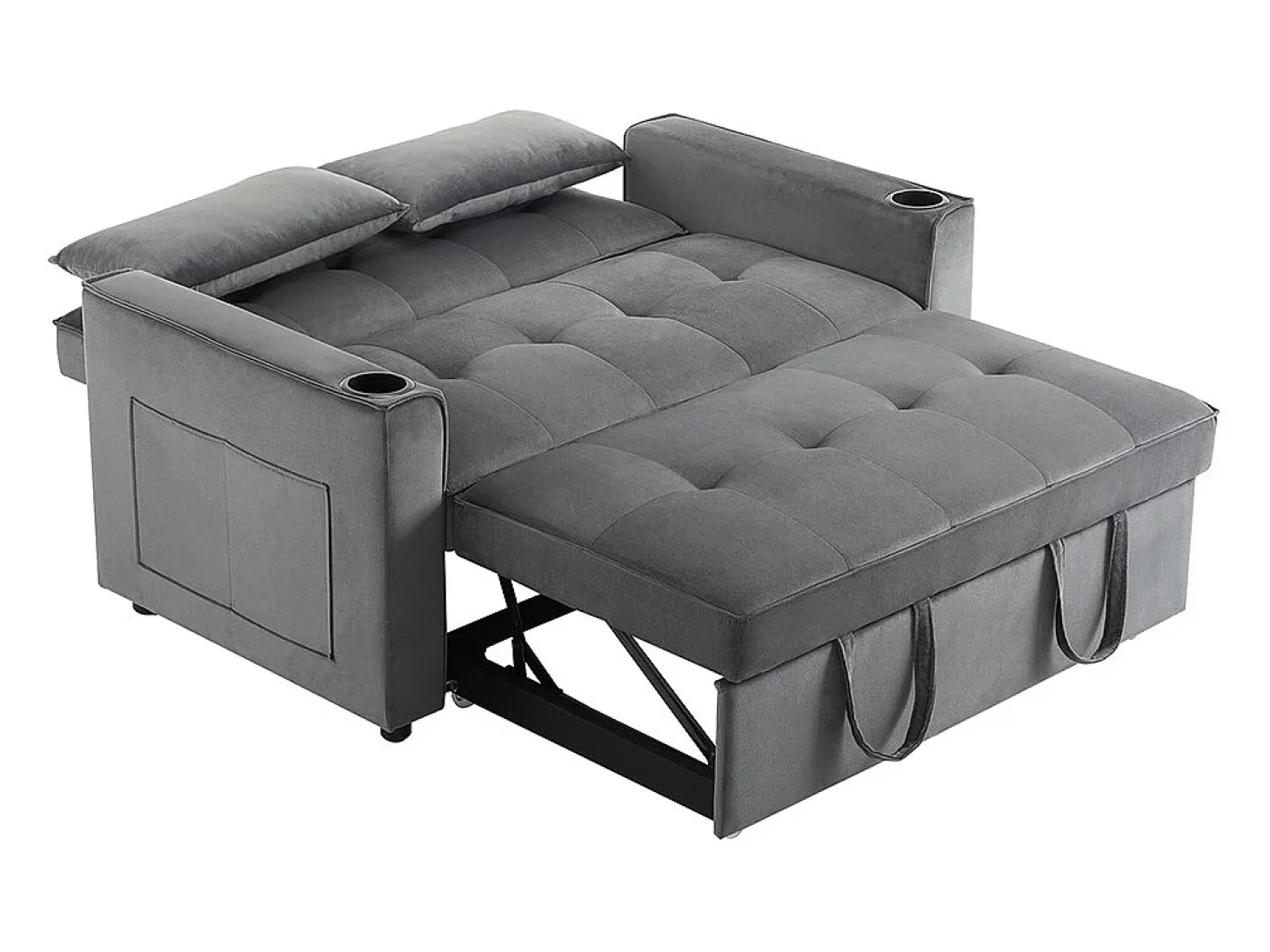 Sofá-cama multifuncional com função de dormir, sofá-cama com suporte para copos e almofadas, cinzento
