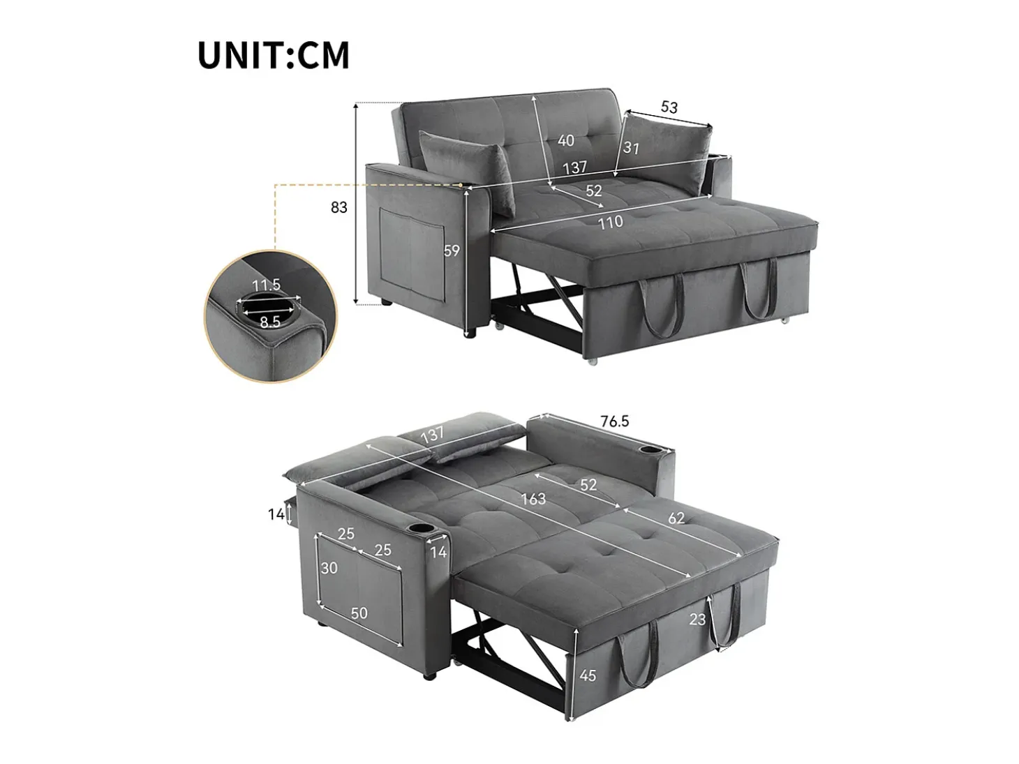 Sofá-cama multifuncional com função de dormir, sofá-cama com suporte para copos e almofadas, cinzento