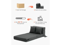 Sofá-Cama Plegável SucceBuy, 3 em 1 Plegável com 2 Travesseiros, Cinza Escuro, Simples