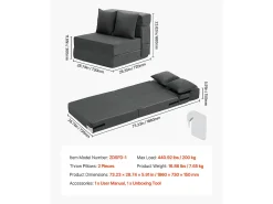 Sofá-Cama Plegável SucceBuy, 3 em 1 Plegável com 2 Travesseiros, Cinza Escuro, Simples