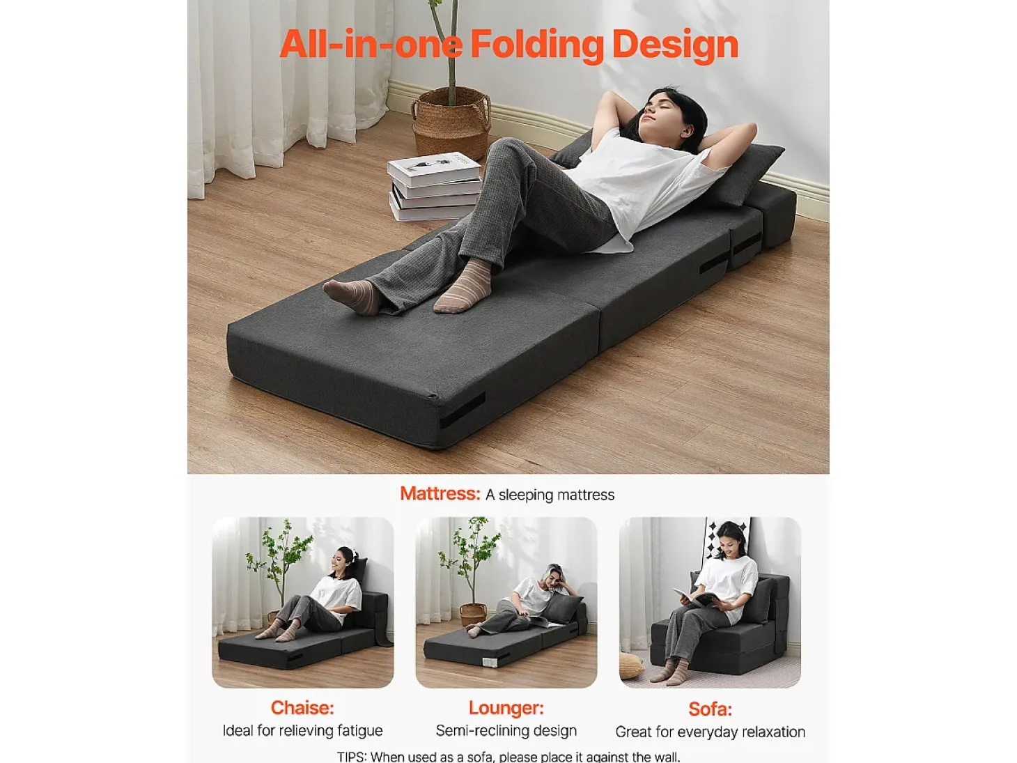 Sofá-Cama Plegável SucceBuy, 3 em 1 Plegável com 2 Travesseiros, Cinza Escuro, Simples