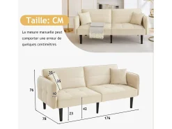 Sofá-cama reto de 2 lugares em veludo bege com pés de madeira preta, encosto dobrável - 176x78x76cm