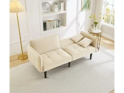 Sofá-cama reto de 2 lugares em veludo bege com pés de madeira preta, encosto dobrável - 176x78x76cm