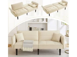 Sofá-cama reto de 2 lugares em veludo bege com pés de madeira preta, encosto dobrável - 176x78x76cm
