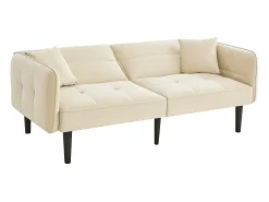 Sofá-cama reto de 2 lugares em veludo bege com pés de madeira preta, encosto dobrável - 176x78x76cm